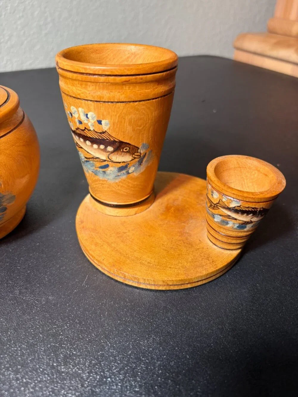 Mid Century Handmade & Painted Wooden Bowl & Utensil Holder Peru